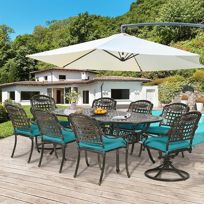 9-Piece Patio Dining Set, Outdoor Patio Table and Chair Set of 84” Oval Cast Aluminum Dining Table with Umbrella Hole, 6 Stationary, 2 Swivel Rocker Chairs, Patio Funiture Set, Blue