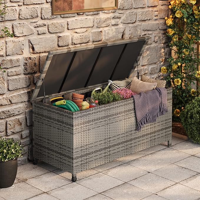 Litake Large 125 Gallon Outdoor Deck Storage Box with Wheels & Handles – Heavy Duty Waterproof PE Rattan Chest – Weatherproof Patio, Garden, Poolside Organizer – Grey