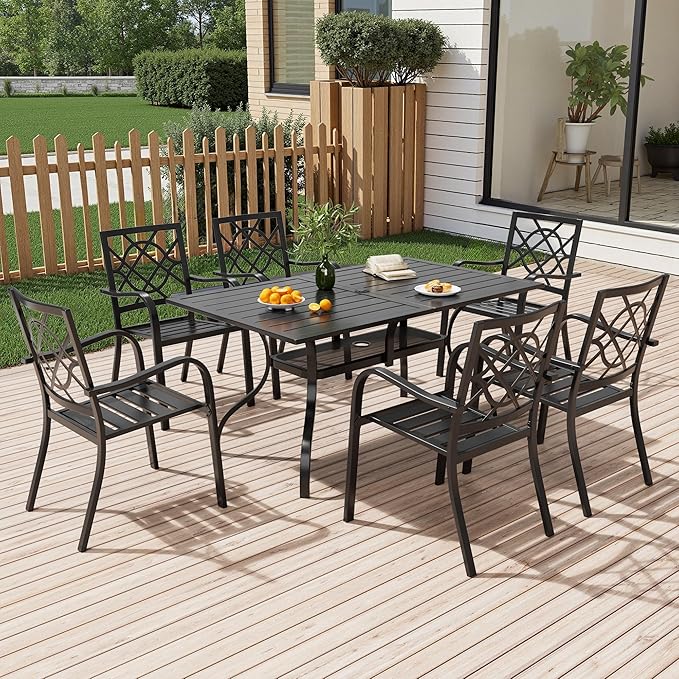 Crownland 7 Piece Outdoor Patio Metal Dining Sets, 6 Stackable Metal Chairs and Rectangular Outdoor Dining Table with 1.57" Umbrella Hole, for Backyard, Lawn, Garden (Classic Black)