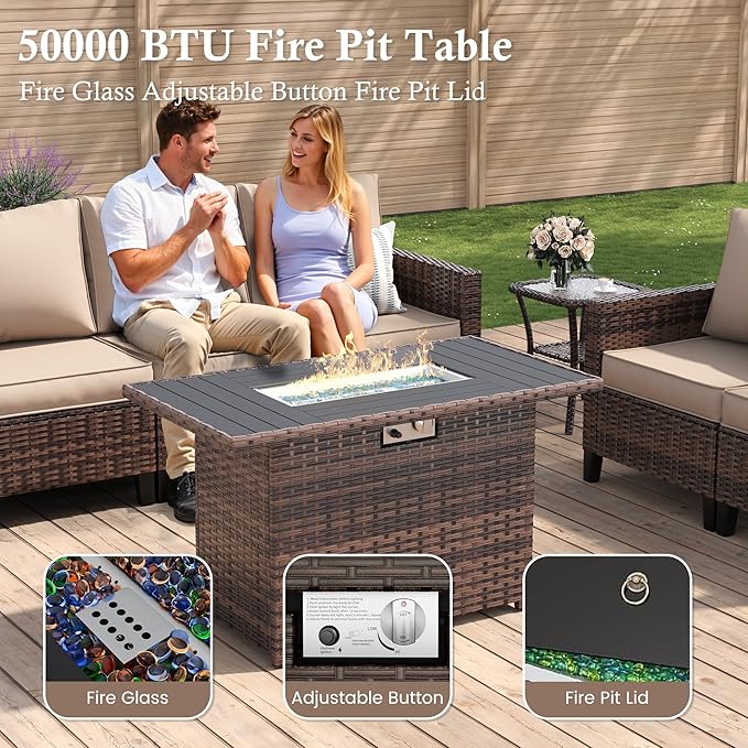 Amopatio Patio Furniture Set, 5-Piece Wicker Outdoor Sectional Sofa with Swivel Rocker Chairs, All-Weather Rattan Conversation Set with Fire Pit Table and Waterproof Cover for Backyard Brown/Khak