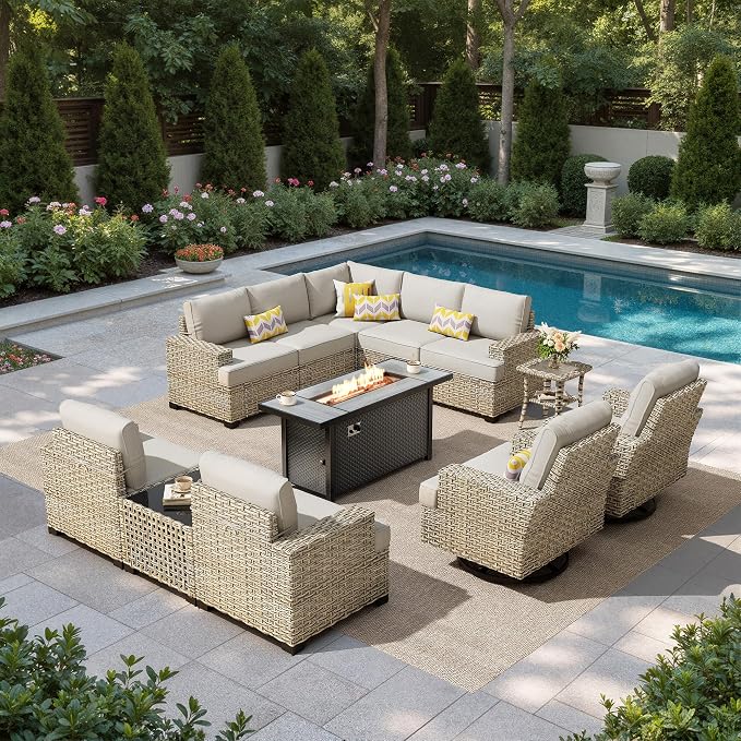 HOOOWOOO Sectional Patio Furniture Set with Fire Pit Table,12 Pieces Wicker Outdoor Furniture L Shaped Couch,Outside Conversation Set Extra Deep Sofa Wide Arm Swivel Chairs Solar Light,Gray