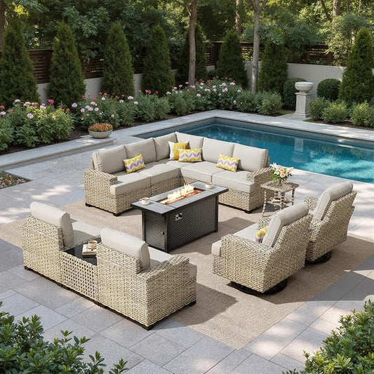 HOOOWOOO Sectional Patio Furniture Set with Fire Pit Table,12 Pieces Wicker Outdoor Furniture L Shaped Couch,Outside Conversation Set Extra Deep Sofa Wide Arm Swivel Chairs Solar Light,Gray