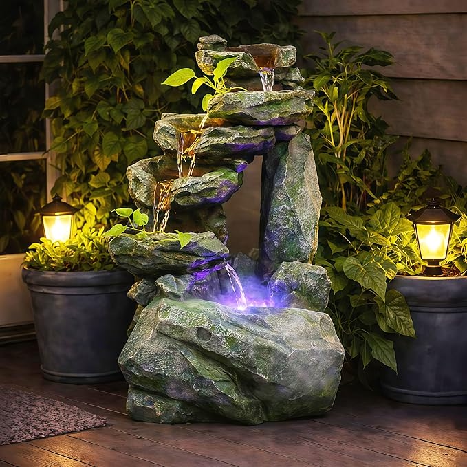 Water Fountain Outdoor,Corded Electric 6-Tier Cascading Rock Waterfall with LED Lights,Garden Fountain with Built-in Pump & Water Circulation,Weather-Resistant Resin for Patio (30.7)