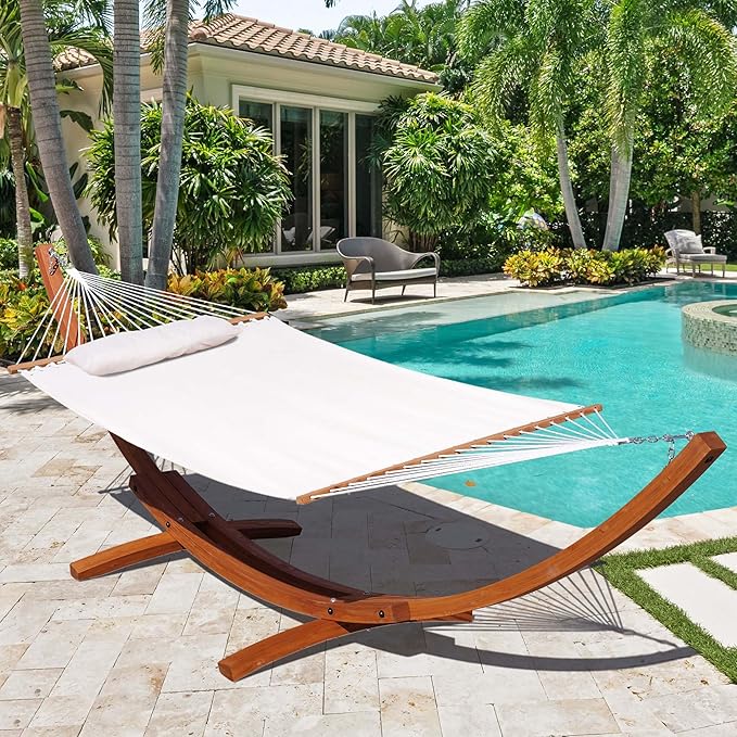 Lazy Daze Hammocks 12 FT Sunbrella Fabric Hammock not Fading with Spreader Bars and Free Pillow Fits for 2 Persons, All Weather and Fade Resistant for Patio Yard, 450 lbs Capacity, Cast Pumice