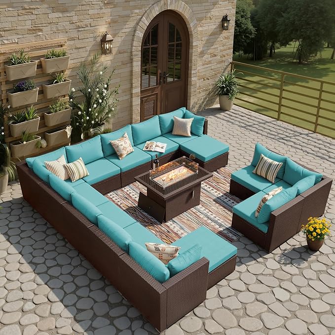 BULEXYARD 15 Piece Highback Wicker Patio Furniture Sets with Firepit, All-Weather Heavy Duty Outdoor Conversation Set Modular, Extra Deep Wide 14-Seats Sectional Couch Sofa for Backyard, Brown & Teal