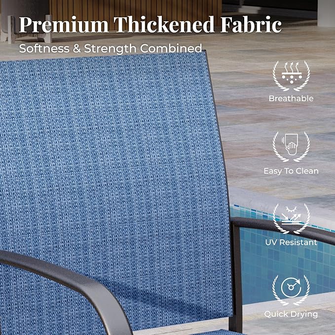 MIXPATIO 7 Pieces Patio Table and Chairs Set, Outdoor Dining Furniture Set for 6, 6 Blue Textilene Chairs and 61" Wood-Like Table Top with Umbrella Hole, for Deck Backyard Lawn