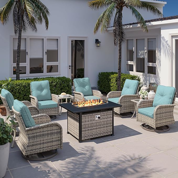 10Pcs Patio Rocking Swivel Chair with 55,000 BTU Fire Pit Table Outdoor Wicker Rattan Bistro Set with Tempered Glass Side Table, Patio Furniture Set for Garden and Balcony, Light Blue
