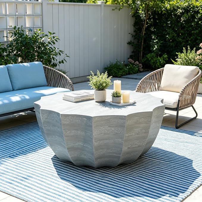 35.43" Round Outdoor Coffee Table, Durable MgO Cement Design – Waterproof for Patio, Garden & Living Room, Stylish & Low-Maintenance (Marble white-11-35.43")