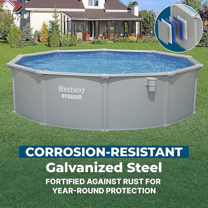 Bestway Hydrium 15' x 48" Above Ground Pool, Round Steel Side Wall Frame Outdoor Swimming Pool Set with Sand Filter Pump, Polysphere Filtration Balls, Ladder & Accessories