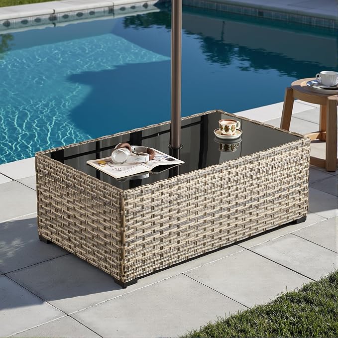 HOOOWOOO Outdoor Patio Side Table with Umbrella Hole,Wicker Coffee End Table Glass Top,Umbrella Table with 1.64" and 2" Hole for Yard,Deck,Porch,Garden(Rectangle Brown)