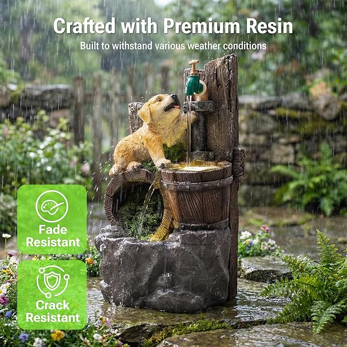 20-Inch Outdoor Water Fountain, 3-Tier Rustic Barrel Puppy and Pump Resin Waterfall Fountain with 2 LED Lights, Water Feature for Farmhouse, Garden, Patio, Backyard, Deck, Lawn in Brown