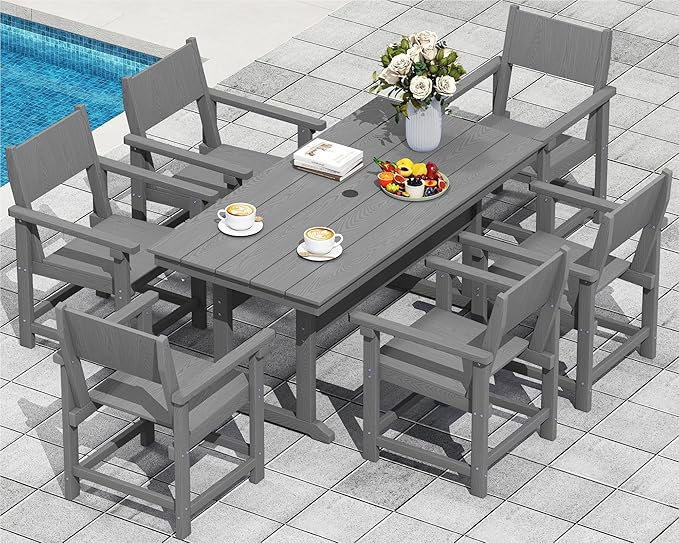 7-Piece HDPE Outdoor Patio Dining Set,Outdoor Table and Chairs,Modern Plastic Dining Sets with Umbrella Hole Cut-Out Table and 6 Chairs Gray