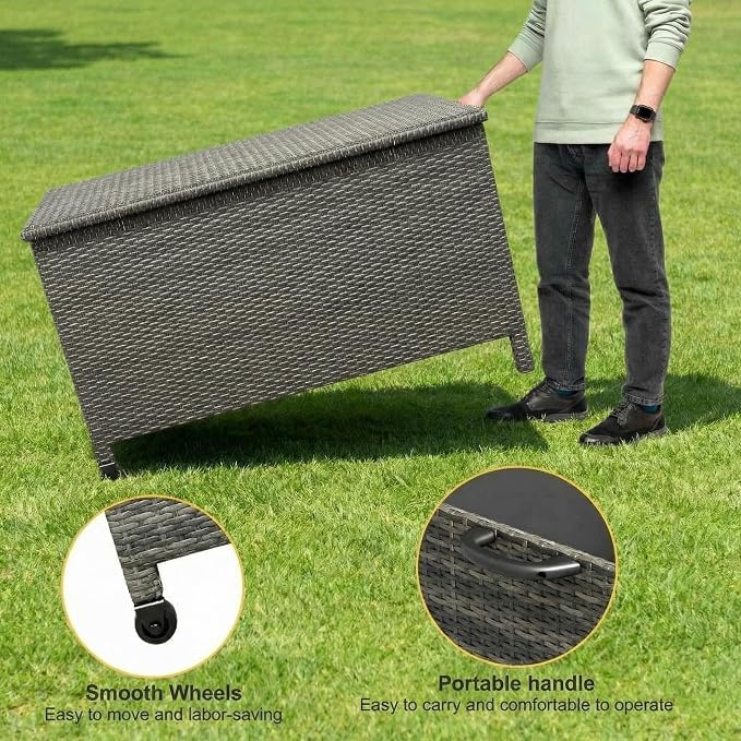 185 Gallon Wicker Deck Box, All-Weather Outdoor Storage Bin with Rattan Finish, for Patio Furniture, Cushions, Pool Supplies & Garden Tools (Gray)
