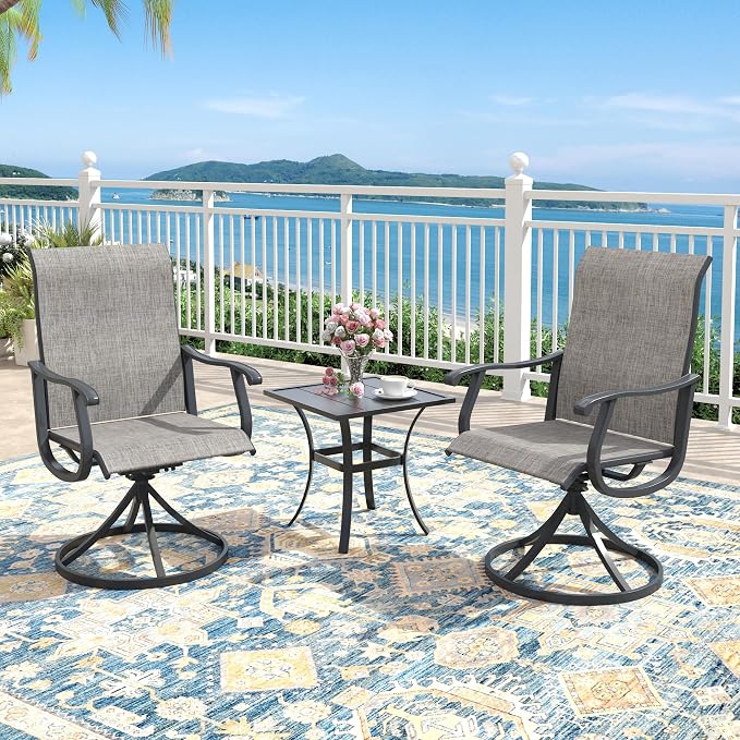 Outdoor Dining Set for 2, 18.1" Metal Square Patio Side Table and Sling Patio Swivel Chairs, 3 Pieces Patio Table and Chairs Set for Garden Backyard, Grey and Black