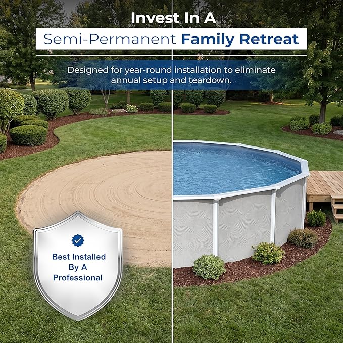 Blue Wave Belize 15-ft Round 52-in Deep Hard Sided Steel Frame Above Ground Pool with 6-in Steel Top Seats, 0.5 HP Sand Filter System, Ladder, Skimmer & Liner – 5,130-Gallon Capacity for Family Use
