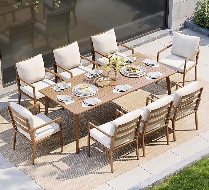 HAPPATIO Outdoor Dining Table for 8, Rectangular Aluminum Patio Table with Umbrella Hole, 8-Person Rustproof Wood-Like Table for Lawn Garden Backyard