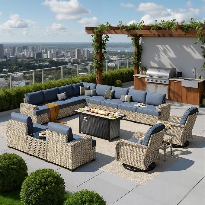 HOOOWOOO Sectional Patio Furniture Set With Fire Pit Table,15 Pieces Wicker Outdoor Furniture L Shaped Couch,Outside Conversation Set Extra Deep Seat Sofa Wide Arm Swivel Chairs Solar Light,Denim Blue