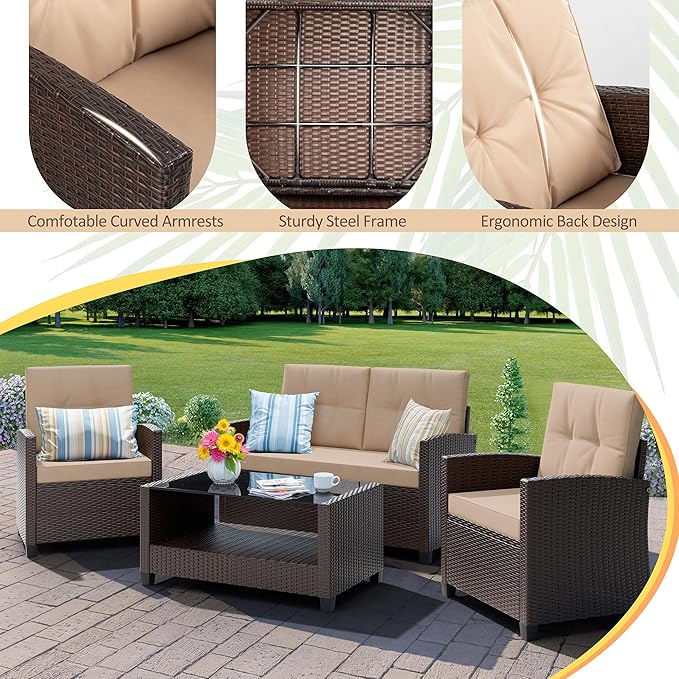 Shintenchi 4 Piece Patio Furniture Set, Outdoor Rattan Conversation Set with Coffee Table, Outside Wicker Sectional Sofa Couch with Cushion, Brown and Khaki