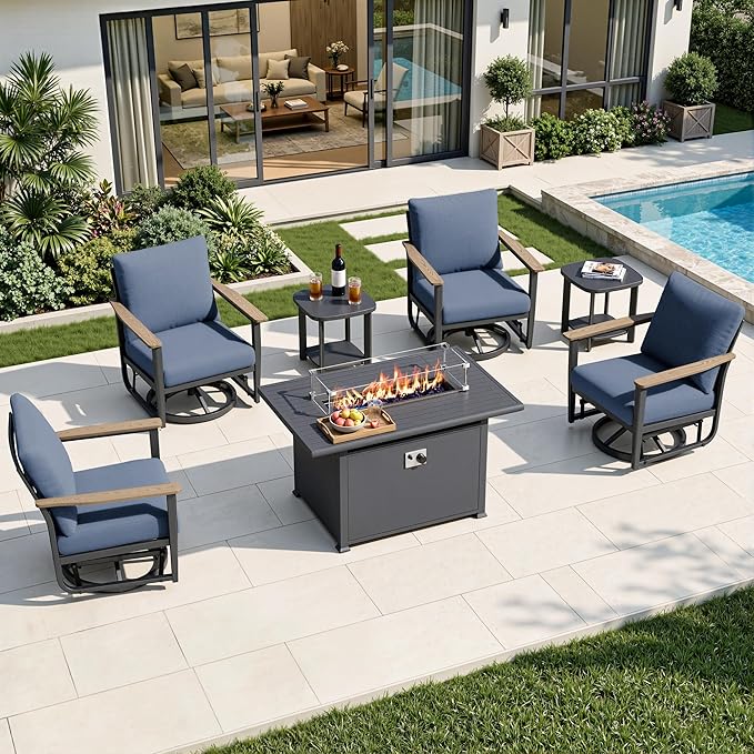 7Pcs Aluminum Patio Rocking Swivel Chair with 55,000 BTU Fire Pit Table Outdoor Bistro Set with Coffee Table, Patio Furniture Set with High Backrest & Thickened Cushions, Navy Blue