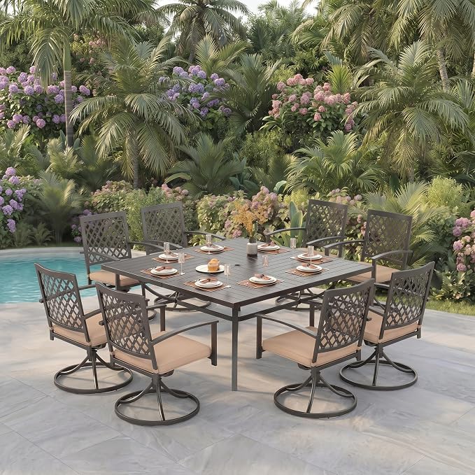 PHI VILLA 9 Pcs Outdoor Dining Set, 57.5" Steel Table w/Umbrella Hole | 57.5" square table & 8 swivel chairs w/ cushions. E-coated rustproof frame. 350+ lbs. Ideal for patio,deck,backyard