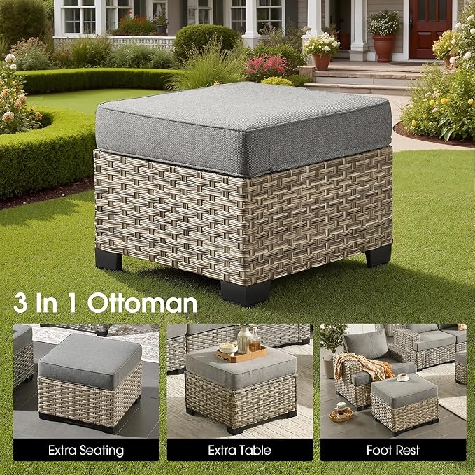 Rattan Patio Furniture Set with Fire Pit,10 Pieces Outdoor Sectional with Single Chair Ottoman,Out Door Furniture Conversation Set,Dark Grey