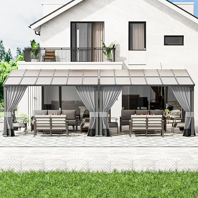 10' x 24' Lean to Gazebo,Large Wall Mount Heavy Duty Gazebos Pavilion,Outdoor Hardtop Pergola Shelter with Curtains and Netting,Sunshade for Patio Garden Lawn Backyard Deck,Grey