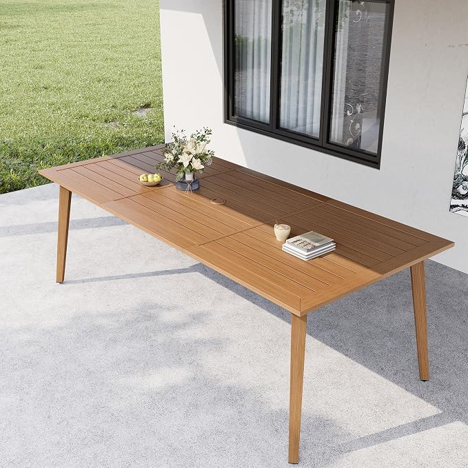 HAPPATIO Outdoor Dining Table for 8, Rectangular Aluminum Patio Table with Umbrella Hole, 8-Person Rustproof Wood-Like Table for Lawn Garden Backyard