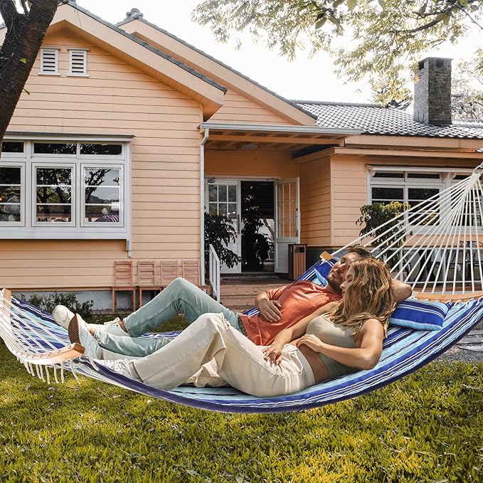 Double Hammock with Bamboo Wood Spreader Bars and Detachable Pillow, 2 Person 11 FT Portable Hammocks Bed Quilted Fabric Hammock for Yard Garden Balcony Indoor Outdoor, 440 Pound Capacity, Blue Stripe