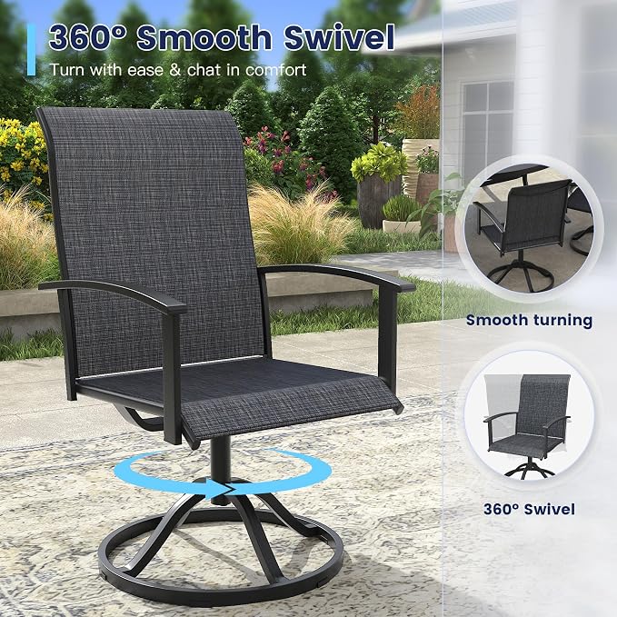 VICLLAX Outdoor Table and Chairs Set for 4, Patio Dining Set of 37.8" Metal Square Patio Table with Umbrella Hole & 4 Swivel Outdoor Dining Chairs for Backyard Lawn, Charcoal & Black