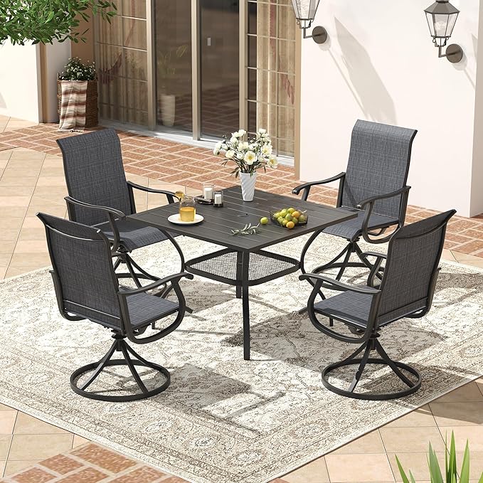 VICLLAX Patio 5 Pieces Outdoor Dining Set for 4, 38" Square Metal Dining Table with Umbrella Hole and 4 Swivel Textilene Chairs for Lawn,Garden,Porch,Black/Dark Grey