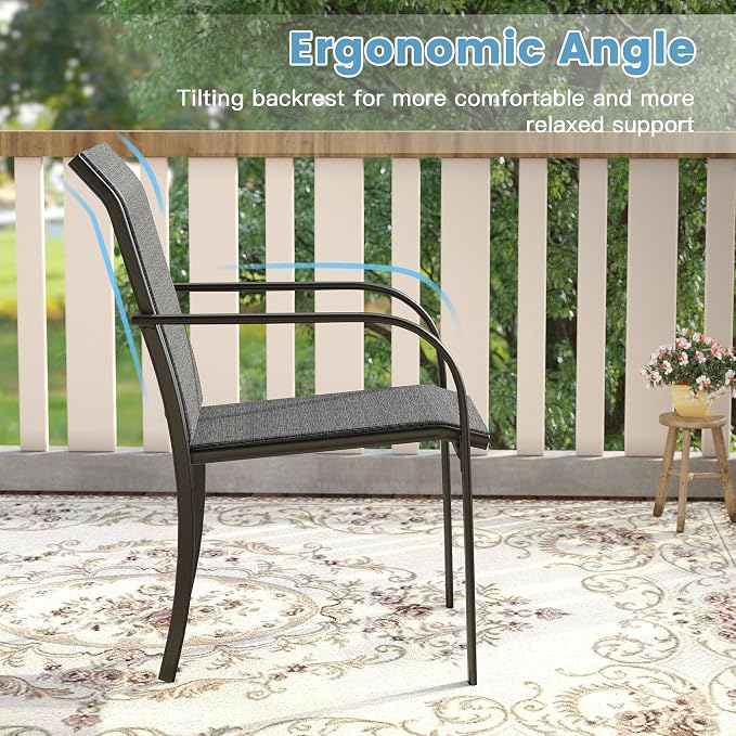 DIFY 5 Pieces Outdoor Dining Table Chair Set, Patio Dining Set with 1 Black Square Curved Legs Table with and Umbrella Hole & 4 Grey Stackable with Armrests Chairs for Lawn, Garden, Porch