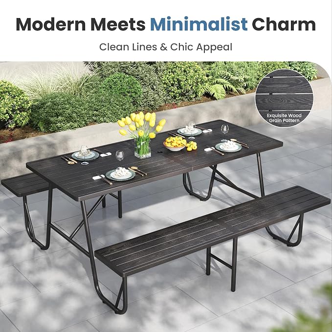 PHI VILLA 70" Outdoor Metal Table Bench Set for 4, w/Umbrella Hole | Black wood grain pattern, all weather. Dining furniture set for patio deck yard porch.