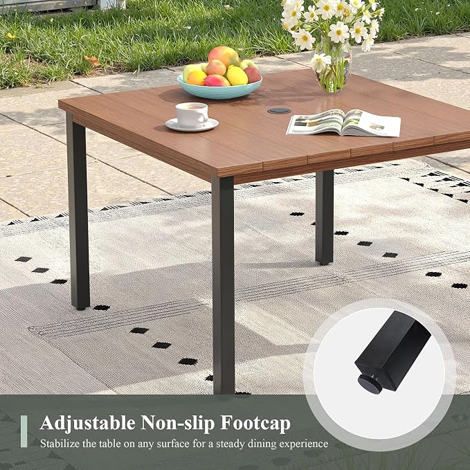 5 Pieces Outdoor Dining Set, 40.2" Square Table with Umbrella Hole & Stackable Patio Dining Chairs, Patio Table and Chairs Set for Deck Garden Porch, Black Chairs & Walnut Table