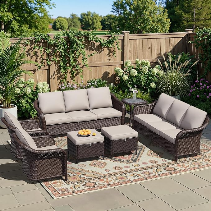7 Piece Patio Wicker Conversation Set, 2 All-Weather Use Outdoor Wicker Sofa with 2 PE Rattan Ottomans,2 Chair, 1 Side Table, Ideal for Porch, Backyard, Balcony, Poolside, Beige