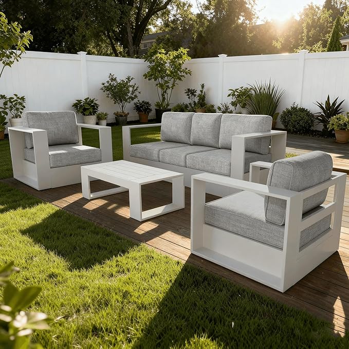 4 Pieces Patio Furniture Set with Coffee Table, Metal Modern Conversation Set with Deep Seating and Widened Aluminum Frame for Deck, Porch, Garden