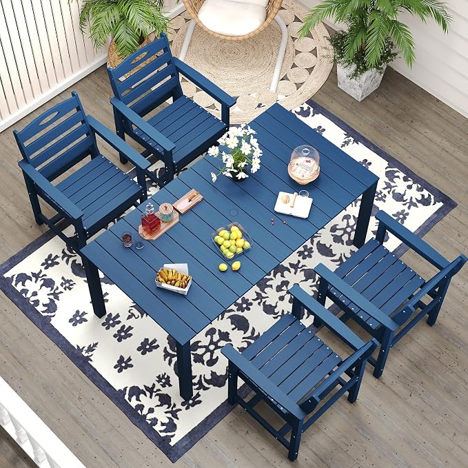 Domi HDPE Outdoor Dining Set, All-Weather 5 Piece Outdoor Dining Table Set with 2" Umbrella Hole, Outdoor Patio Dining Set for Garden, Poolside, Backyard, Deck, Blue