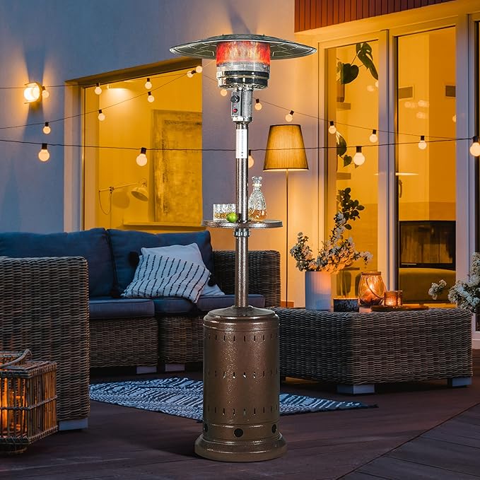 Nuu Garden Outdoor Propane Gas Patio Heater with Liftable Drink Stand and Wheels, 304 Stainless Steel Burner Patio Heater for Backyard, Garden, Porch, Brown
