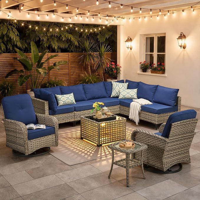 10 Pieces Patio Furniture Set, Outdoor Conversation Set with 360° Swivel Rocker Chairs, Wicker Sectional Sofa & Solar Coffee Table, High Back Outdoor Furniture L Shaped Couch for Porch Deck, Navy Blue