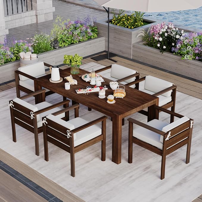 7-Piece Patio Dining Table Set for 6, Outdoor Furniture Sets with 70.8" Rectangle Table, Patio Table and Chairs Set with Removable Cushions for Backyard,Garden,Poolside (Mocha@24)