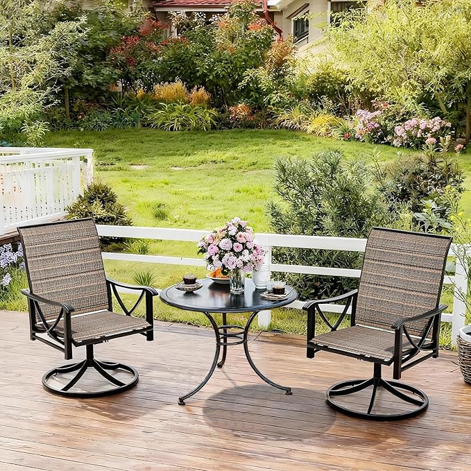 Gotland Patio Swivel Chairs Set of 2, Outdoor Dining Chairs with Breathable Teslin Seat Cushion & Backrest, 360° Outdoor Swivel Chairs with Metal Frame, Patio Dining Chairs for Deck Garden Brown