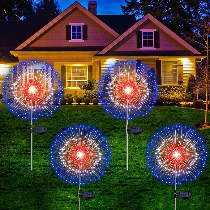 [Upgrade] 4th of July Decorations Outdoor Solar Lights, 2 Pack Solar Powered Firework Lights with 8 Modes Red White Blue LED Lights Patriotic Decorations for Memorial Day Presidents Day Veterans Day