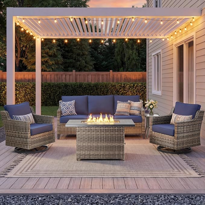 Outdoor Patio Furniture Set with 42.5" Fire Pit Table-5 Pieces All Weather Wicker Outdoor Furniture with High Back Swivel Patio Chairs Set of 2 Outdoor Patio Conversation for Deck Garden Blue/Gray