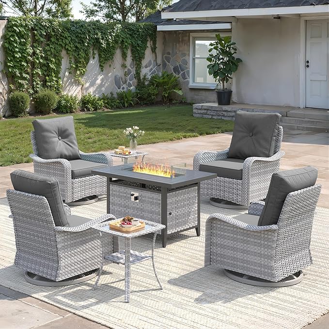 7-Piece Outdoor Conversation Set with 43" Fire Pit Table, 4 Swivel Rocking Chairs (4" Cushions) & 2 Side Tables, All-Weather PE Rattan & Steel Frame for Porch, Deck, Backyard, Black