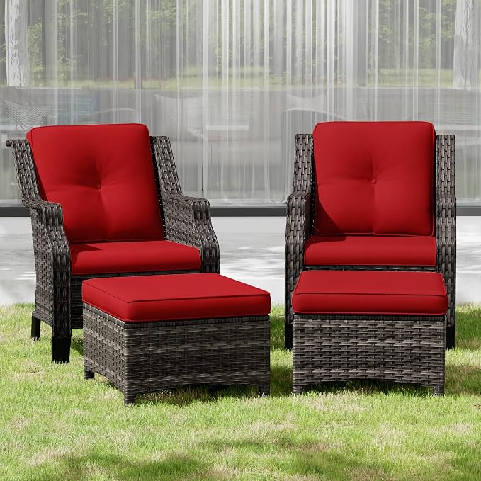 Wicker Patio Furniture Set - 4 Piece Rattan Outdoor Conversation Sets with 2 Wicker Patio Chairs,2 Ottomans for Garden, Backyard, Balcony and Deck