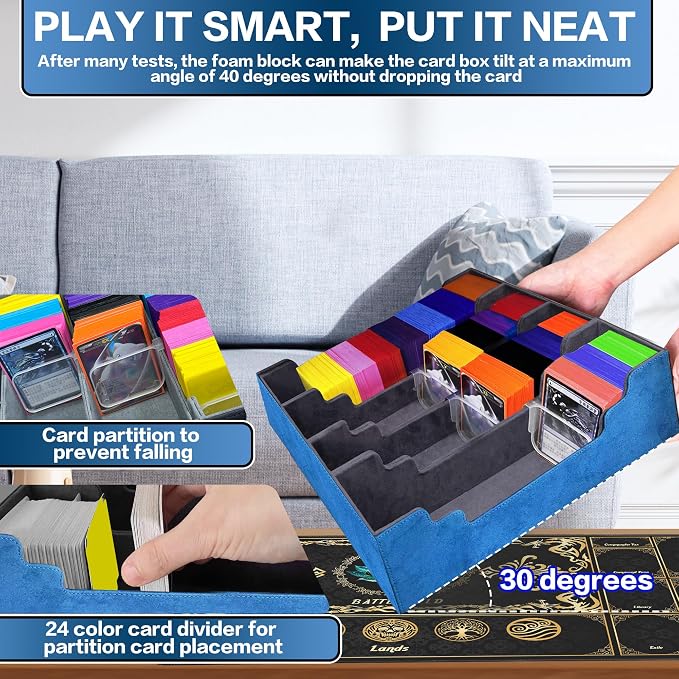 PROMAXIBINDER Trading Card Storage Box Fits 4000+ Cards, 4-Row MTG Commander Deck Case with Playmat, 6 Movable Partitions 24 Dividers PU Leather Magnetic Closure, Magic/TCG/YuGiOh/Sport (Blue&Grey)