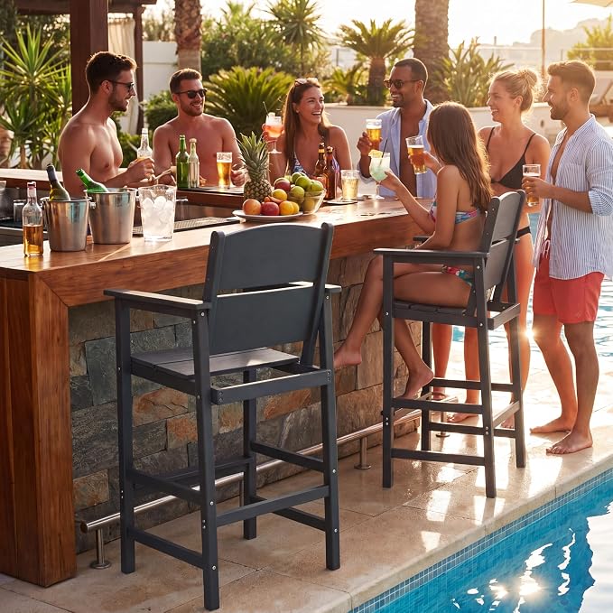 4 Pack Outdoor Bar Stools, HDPE Patio Bar Chairs with Armrests & Footrest, Weather Resistant All-Weather Counter Height Chairs for Outdoor Deck, Backyard, Poolside,Grey