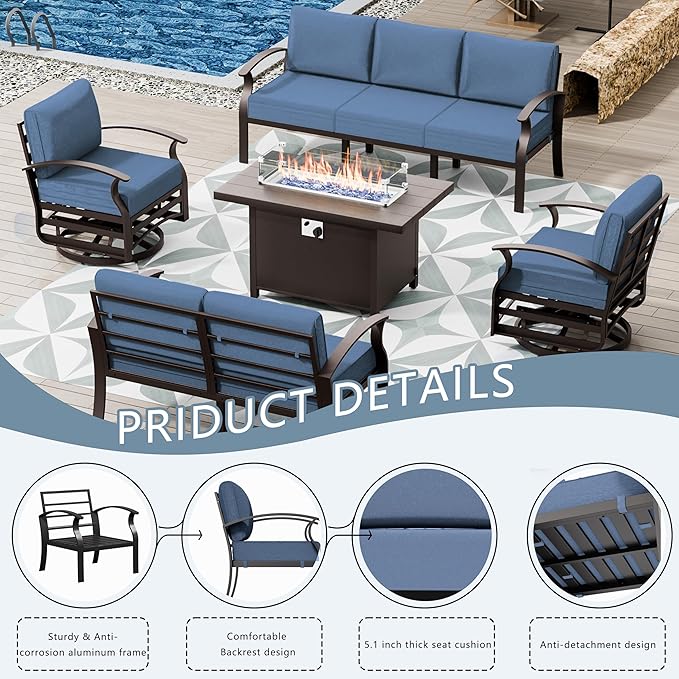 Aluminum Patio Furniture Set with Fire Pit Table, 7 Seats Outdoor Patio Conversation Sets with Swivel Chair Modern Metal Sectional Sofa with Upgrade Cushions for Patio, Backyard