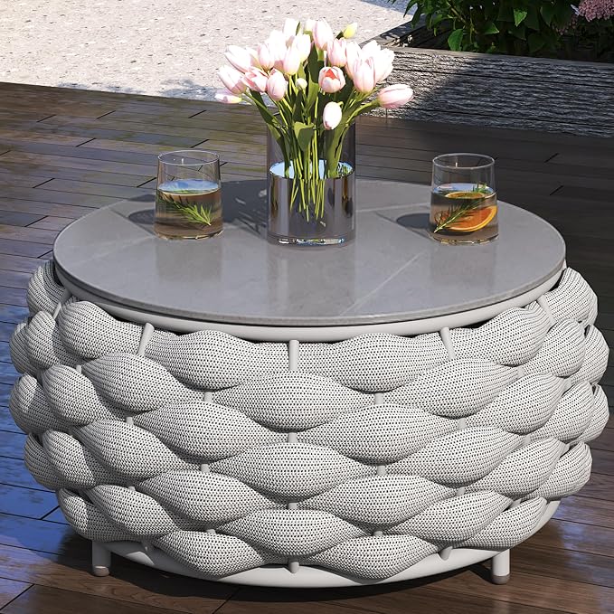 TWT Outdoor Coffee Table Round Centerpiece Table, Lightweight Accent Table with Hand Woven Rope Decor for Garden and Patio(Polyester Rope, Light Grey)
