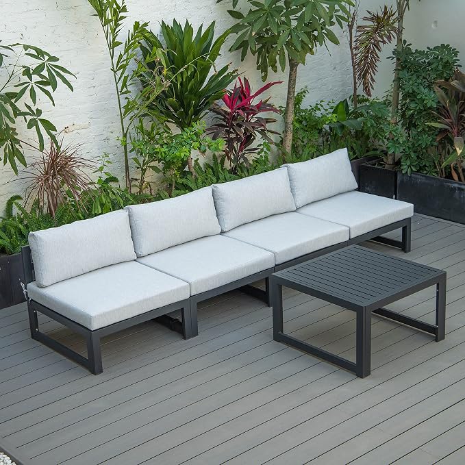 LeisureMod 5-Piece Aluminum Outdoor Patio Furniture Set, Modular Chairs & Coffee Table with Cushions, Rust-Proof Black Frame, Light Grey Weather-Resistant Seating for Balcony or Backyard