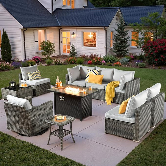 10 PCS Outdoor Patio Furniture Sets with 42'' Fire Pit Table,Wicker Weather Resistant Patio Conversation Set with Wicker Rocking Chair,Modular L Shaped Sofa with Coffee Table for Yard,Light Grey